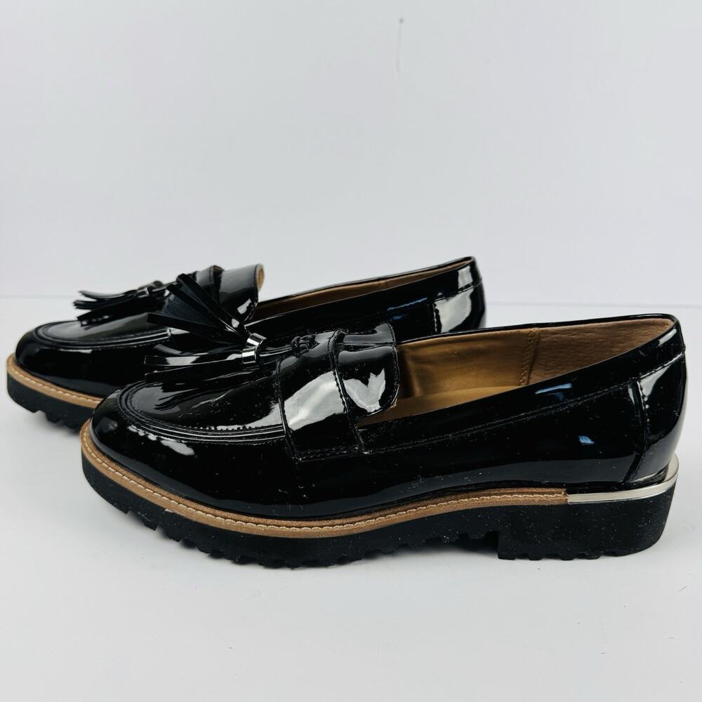 Franco Sarto Patent Leather Loafer Size 8.5 Black Carney Shoe Tassel Lug Sole